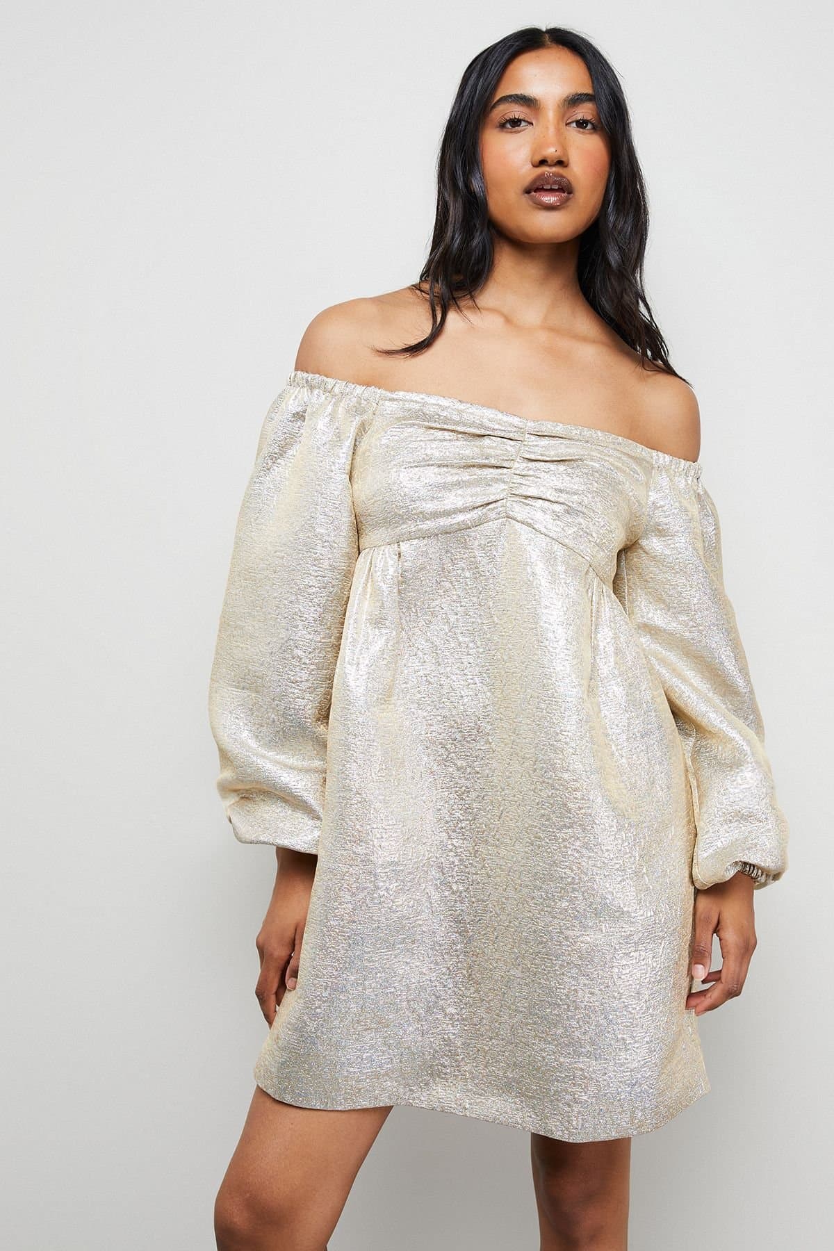 Warehouse Warehouse Women's Metallic Jacquard Bardot Balloon Sleeve Mini Dress
