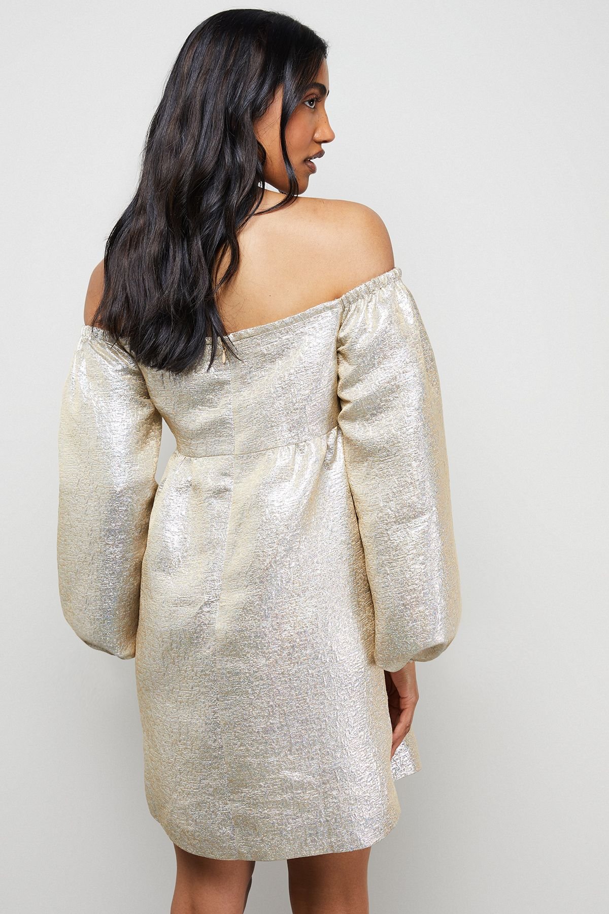 Warehouse Warehouse Women's Metallic Jacquard Bardot Balloon Sleeve Mini Dress - 3