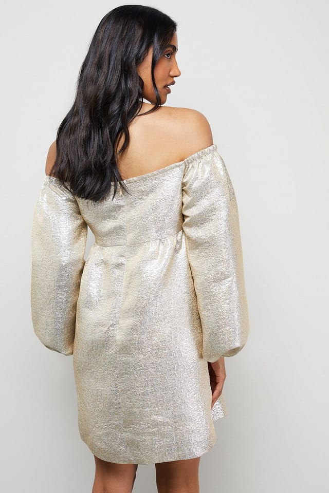 Warehouse Warehouse Women's Metallic Jacquard Bardot Balloon Sleeve Mini Dress - 3