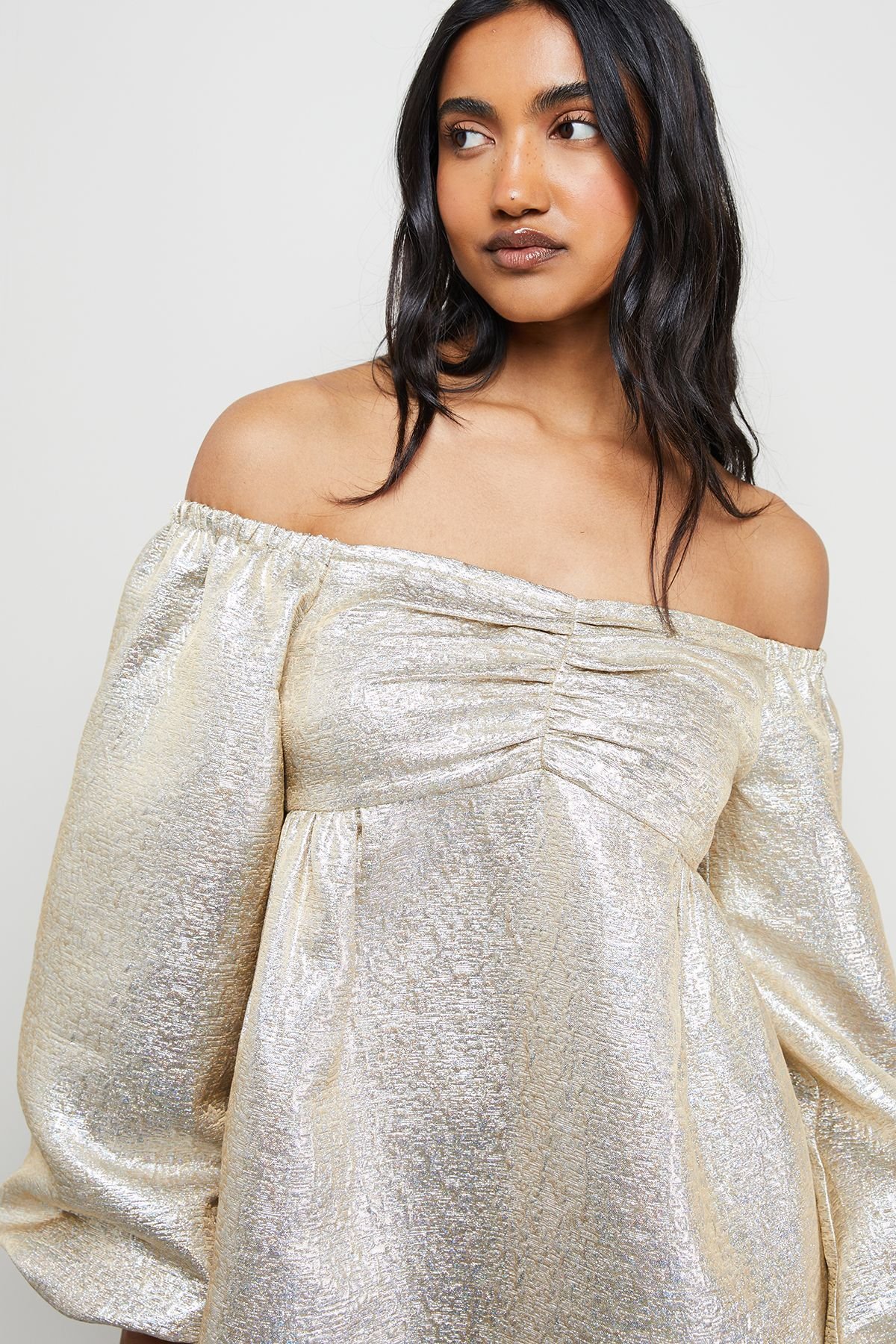 Warehouse Warehouse Women's Metallic Jacquard Bardot Balloon Sleeve Mini Dress - 4