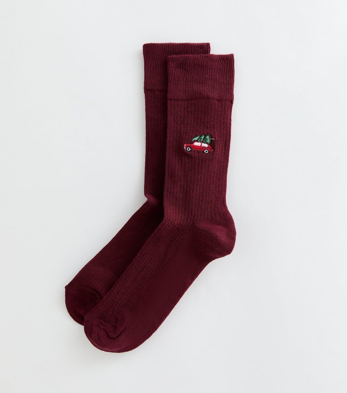 New Look Men's Dark Burgundy Cotton Rich Embroidered Christmas Tree and Car Ribbed Ankle Socks New Look