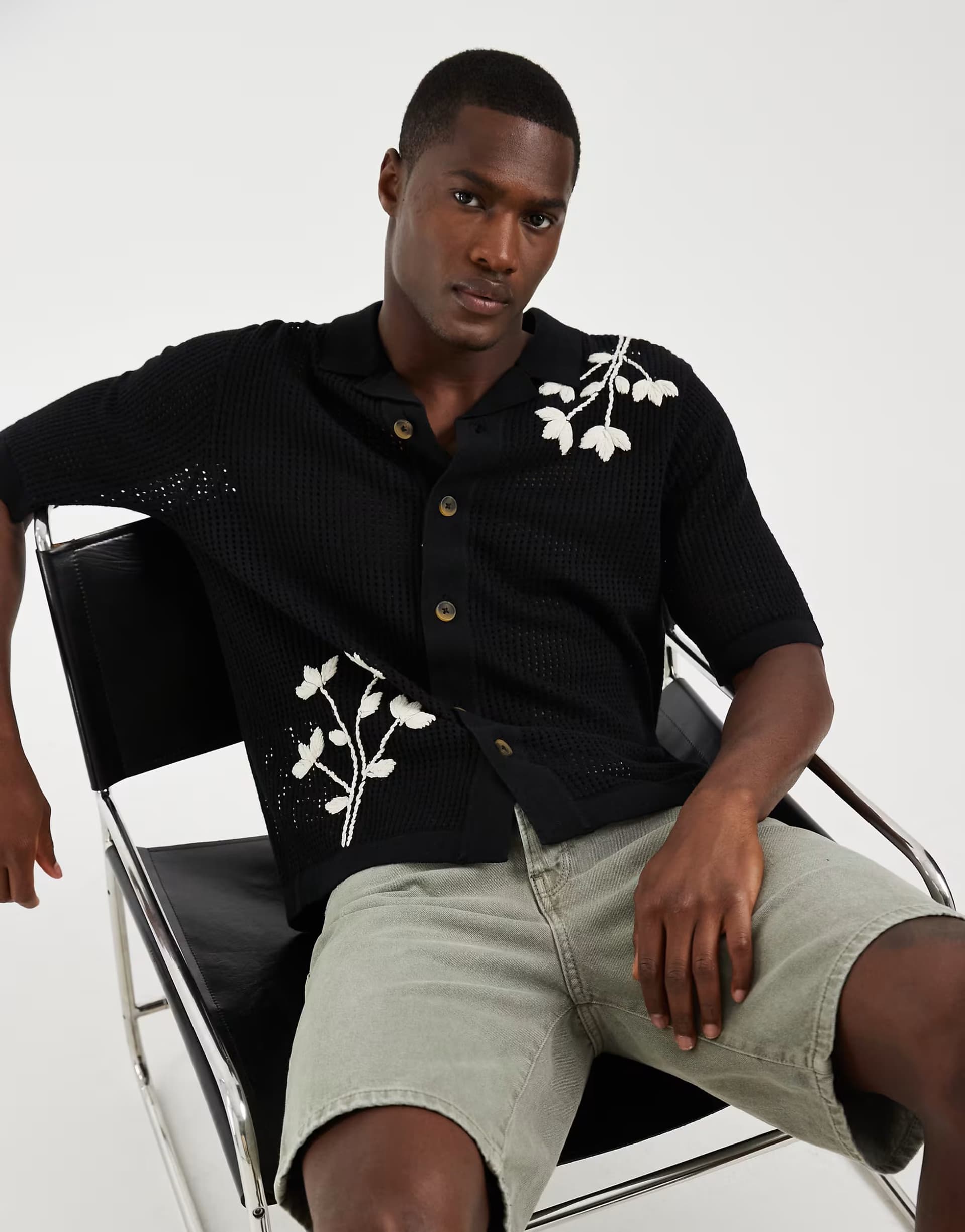 ASOS ONLY & SONS embroidery detail open knit shirt in black