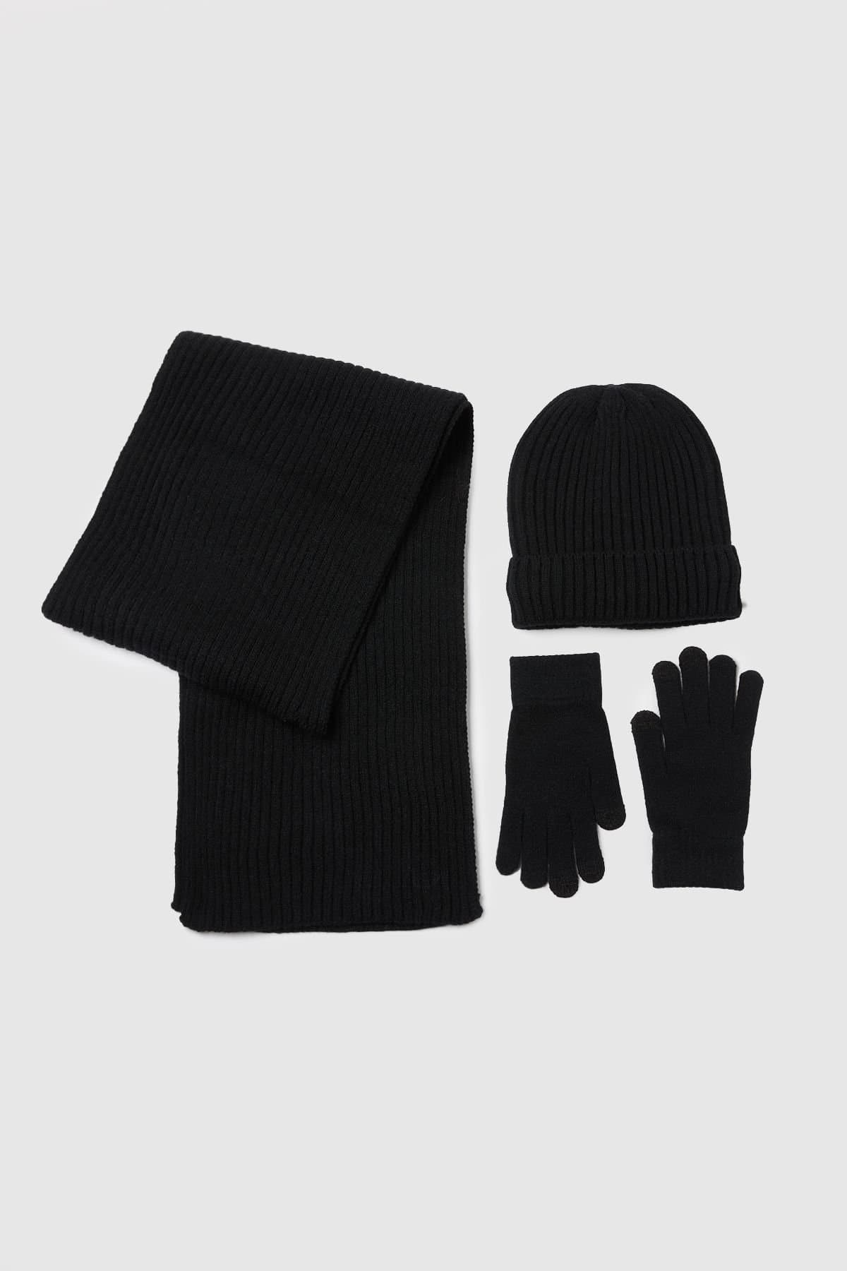 Maine Maine Men's Black Ribbed Knitted Hat, Scarf & Gloves Set
