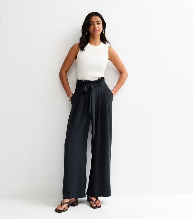 New Look Women's Petite Navy Paper Bag Waist Wide Leg Trousers New Look - 2