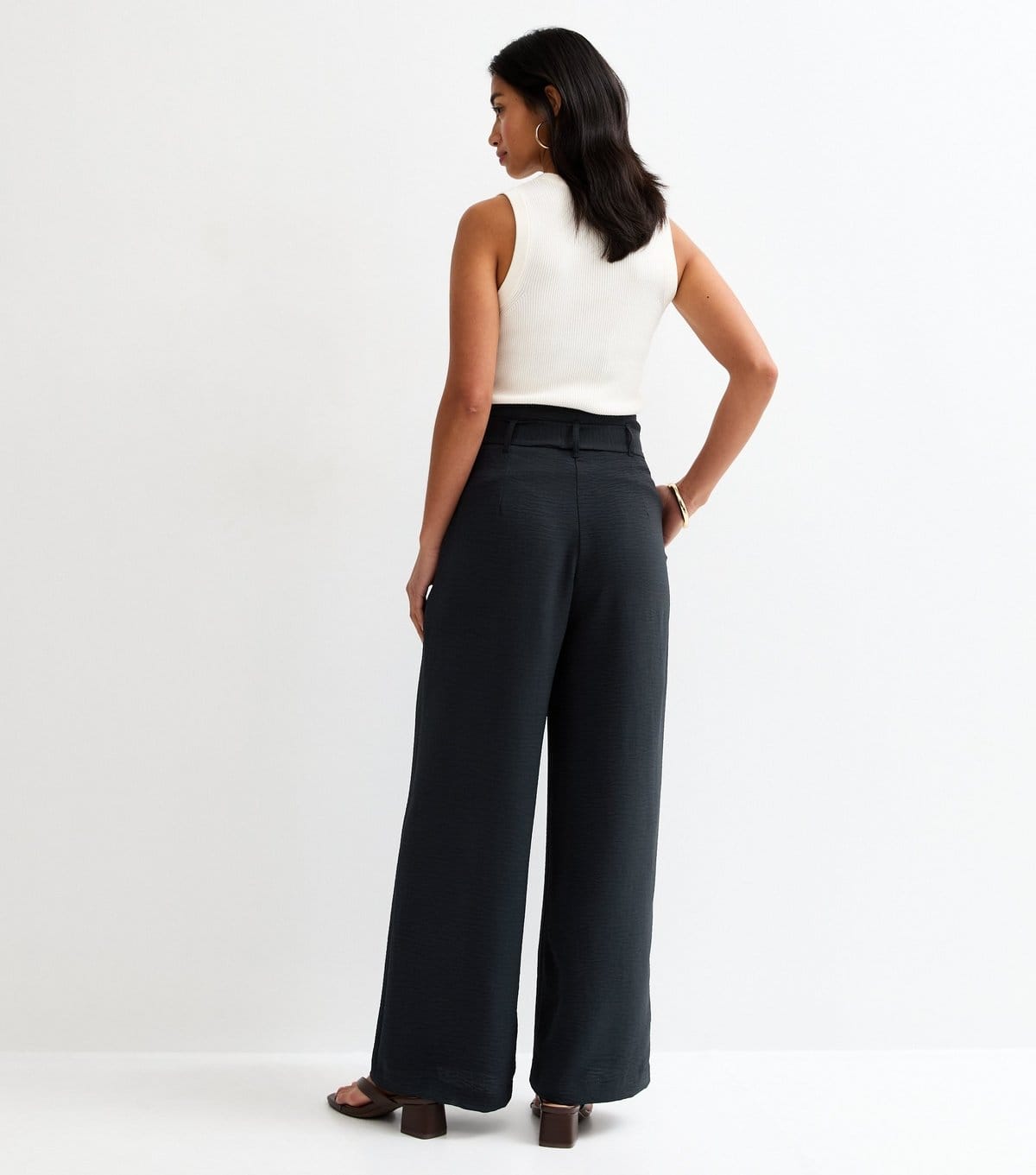 New Look Women's Petite Navy Paper Bag Waist Wide Leg Trousers New Look - 4