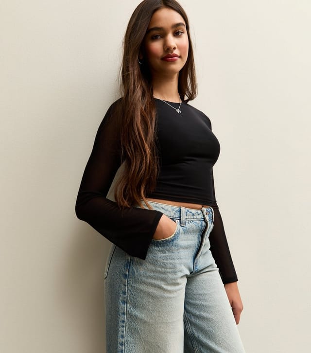 New Look Girls' Black Long Sleeve Mesh Flutter Sleeve Top New Look - 2