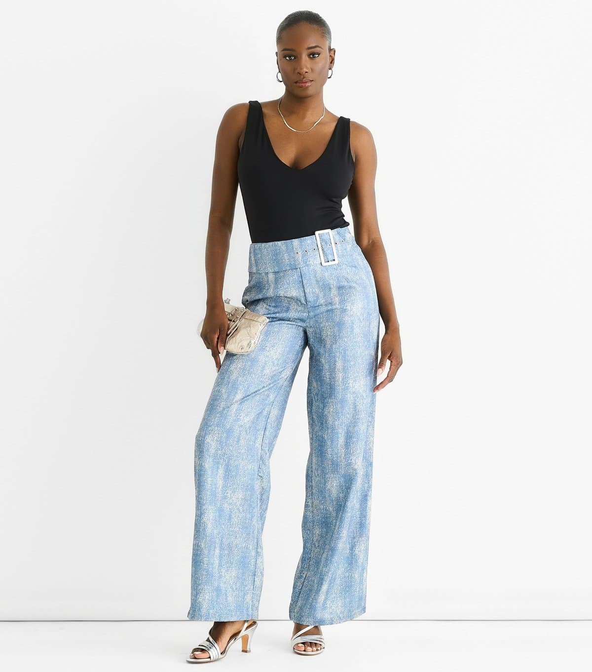 Gini London Women's Blue Printed Belted Trousers Gini London New Look