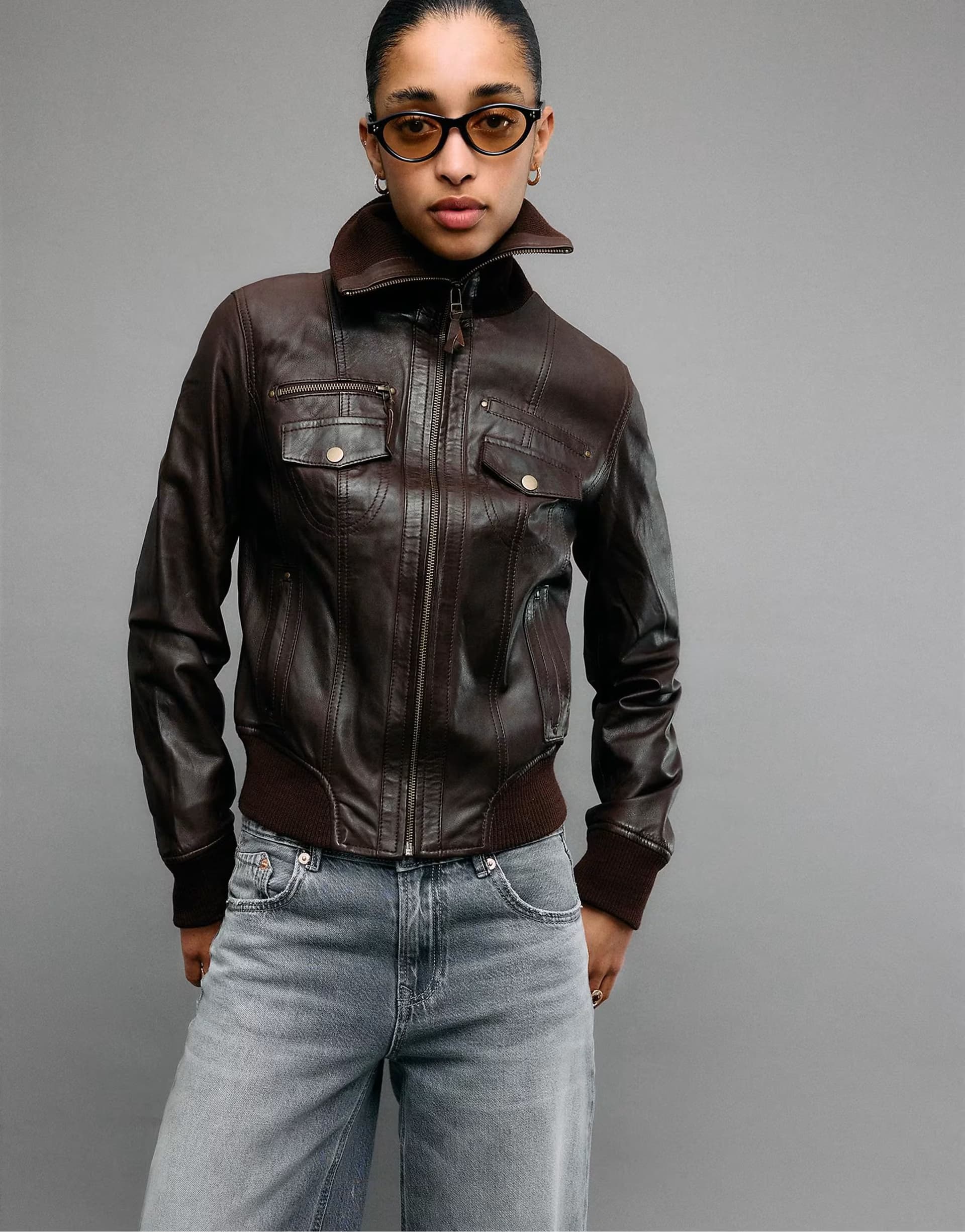 ASOS Stradivarius Ribbed leather jacket in brown