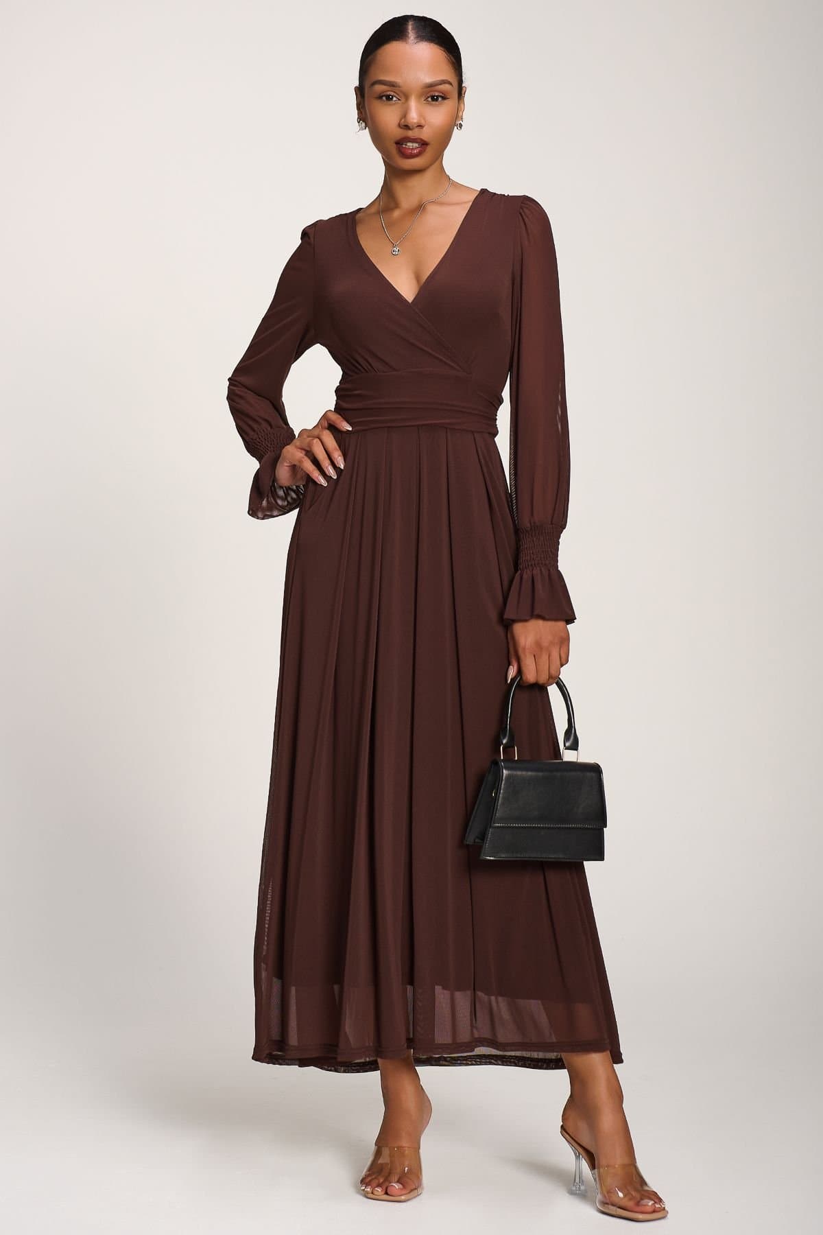 Jolie Moi Jolie Moi Women's Long Sleeve Mesh Maxi Dress in Brown