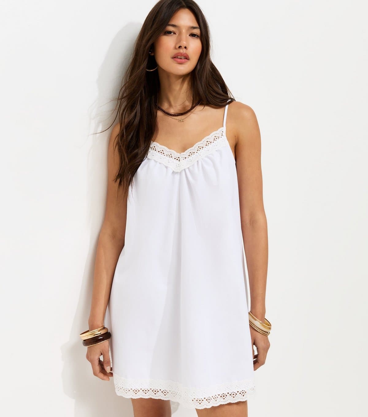 New Look Women's White Cotton Rich Lace Trim Strappy Smock Mini Dress New Look