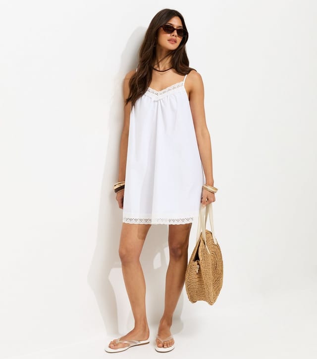 New Look Women's White Cotton Rich Lace Trim Strappy Smock Mini Dress New Look - 2