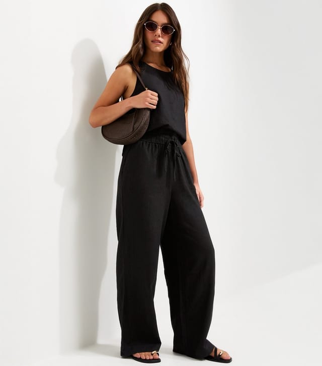 New Look Women's Petite Black Linen Blend Wide Leg Trousers New Look - 2