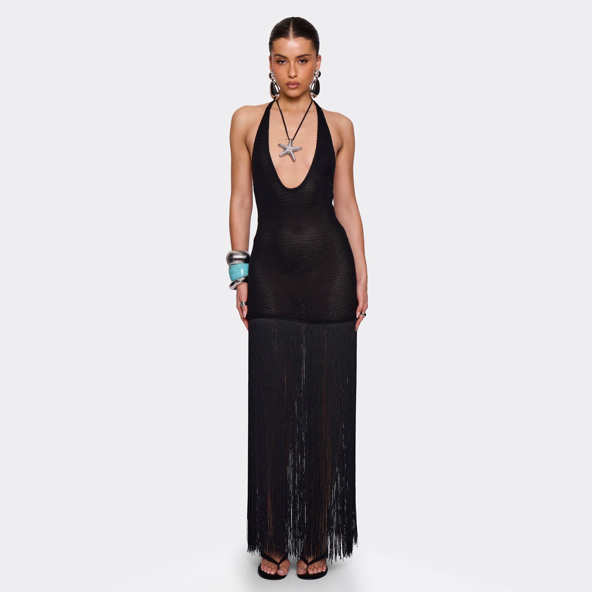 EGO Plunge Halterneck Fringed Hem Maxi Dress In Black Knit, Women's Size UK L