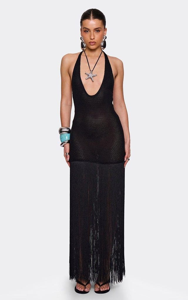 EGO Plunge Halterneck Fringed Hem Maxi Dress In Black Knit, Women's Size UK L - 2