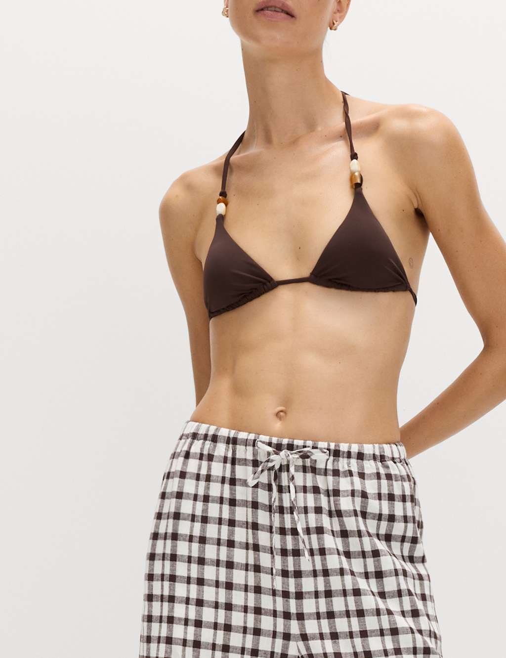 Marks & Spencer M&S Linen Rich Gingham Wide Leg Trousers Brown Mix - 2