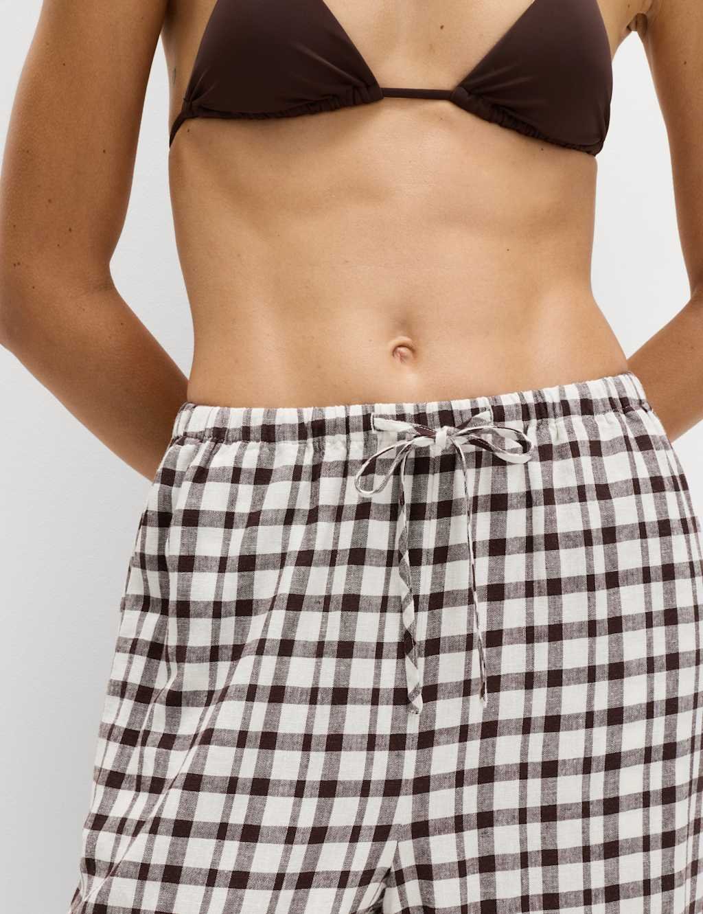 Marks & Spencer M&S Linen Rich Gingham Wide Leg Trousers Brown Mix - 3