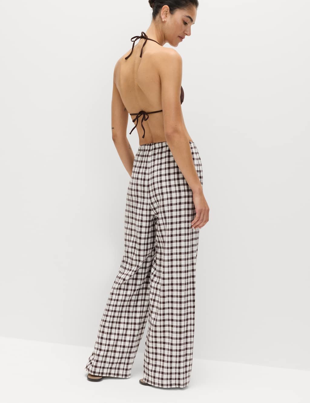 Marks & Spencer M&S Linen Rich Gingham Wide Leg Trousers Brown Mix - 4