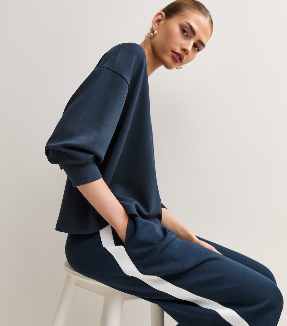 New Look Women's Premium Blue Side Stripe Wide Leg Jogger Trousers New Look