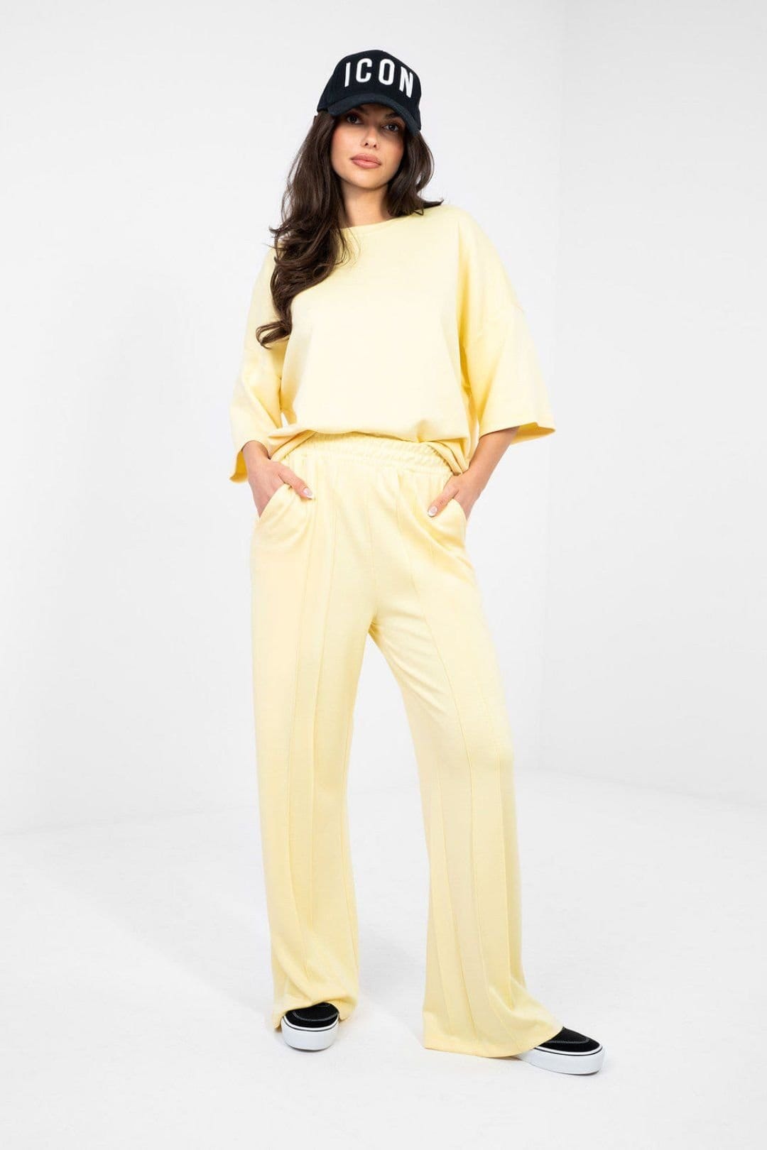Love Lace Yellow Viscose/Elastane Wide Leg High Waist Sweatpants