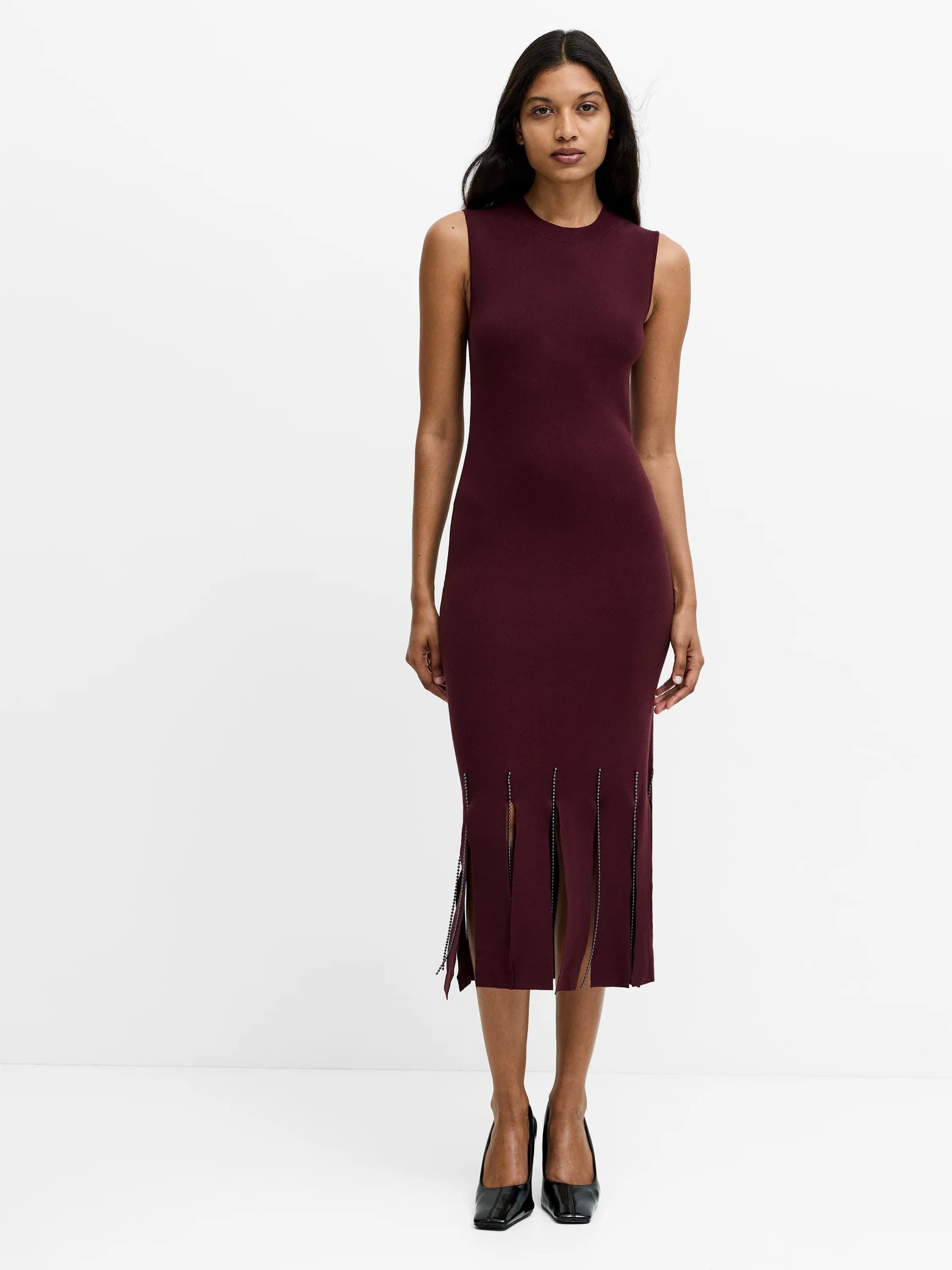 French Connection Silas Burgundy Beaded Fringe Knit Midi Dress Cherry Liqueur