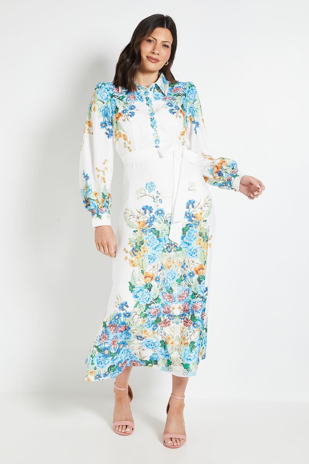 Wallis Wallis Women's Floral Western Belted Midi Shirt Dress in Ivory