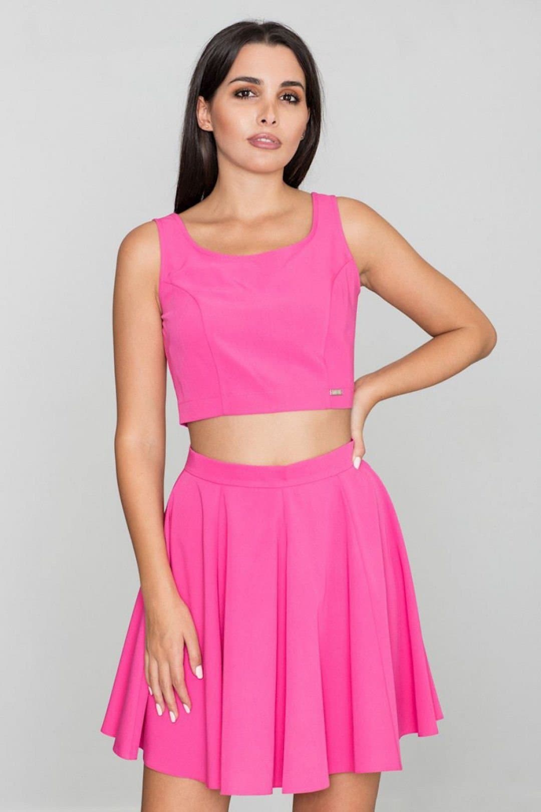Love Lace Love Lace Women's Flared Skirt Silver Zip Back Top Set in Bright Pink