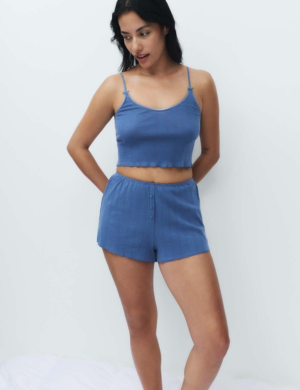 Marks & Spencer M&S Pure Cotton Pointelle Pyjama Shorts Dark Blue