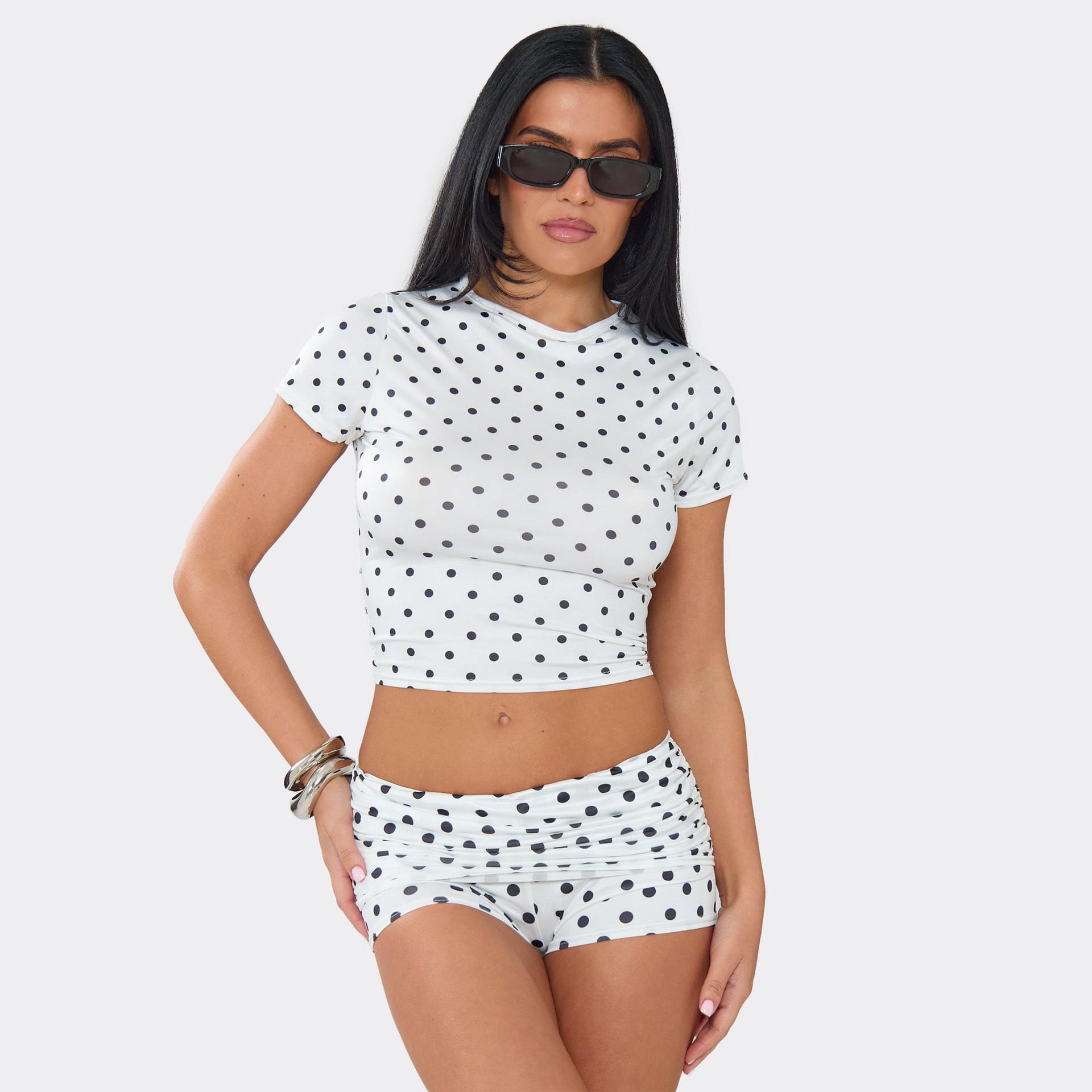 EGO White Polka Dot Crop Top And Micro Mini Shorts Co-Ord Set