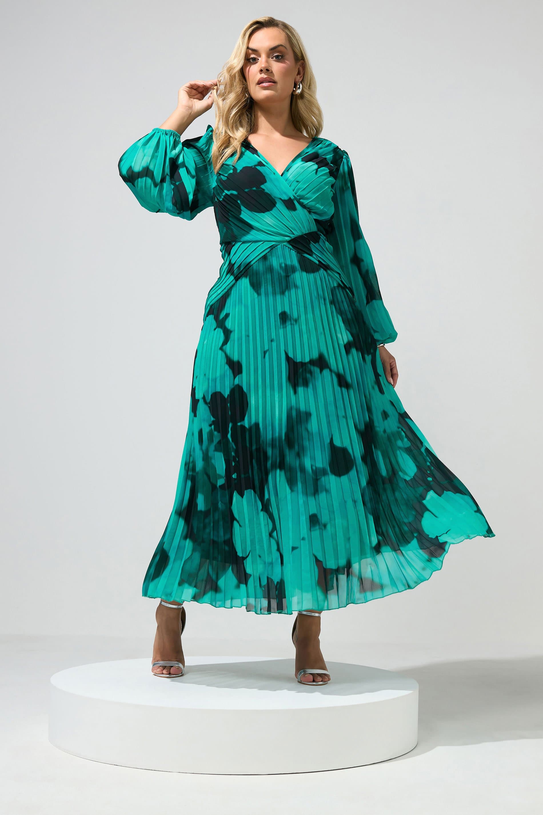 Yours London Plus Size Teal Green Abstract Pleated Dress