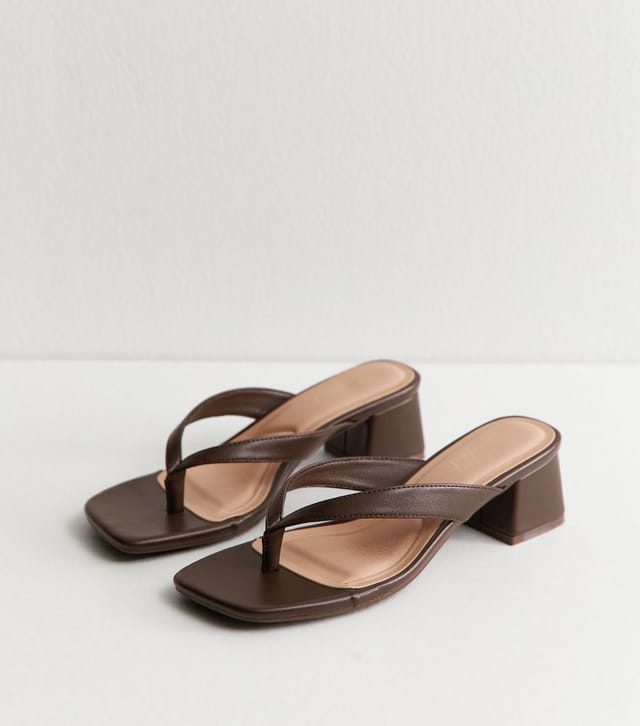 New Look Women's Dark Brown Faux Leather Toe Post Block Heel Sandals Vegan New Look - 2