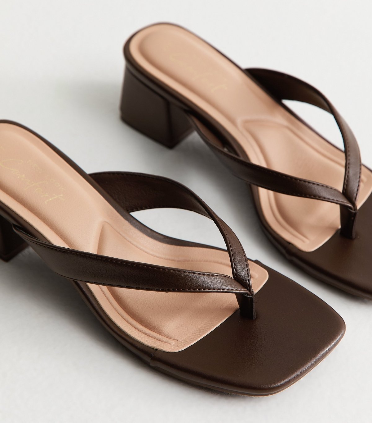 New Look Women's Dark Brown Faux Leather Toe Post Block Heel Sandals Vegan New Look - 3