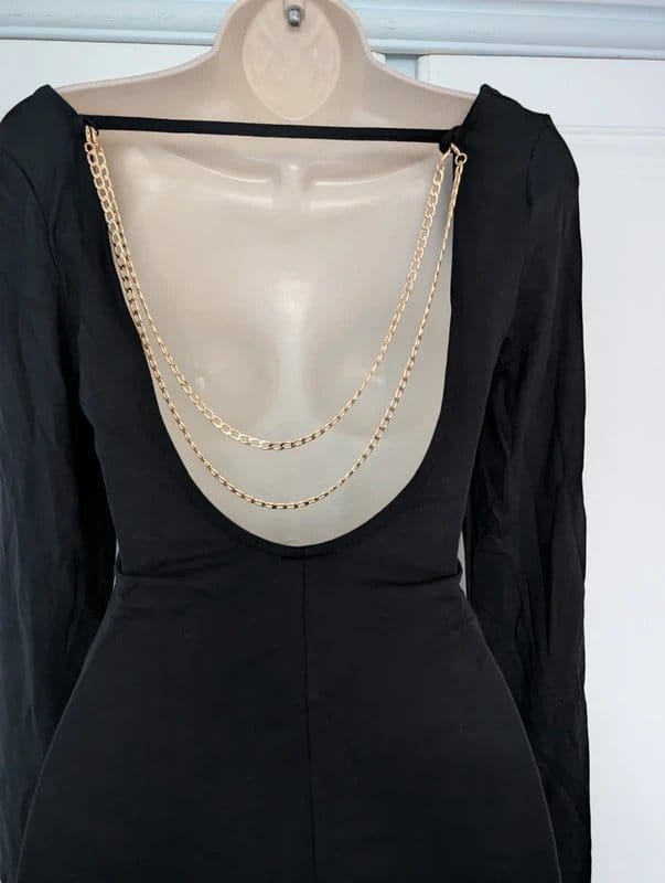 ASOS Black Satin Mini Dress With Gold Chain Trim Size 8-10