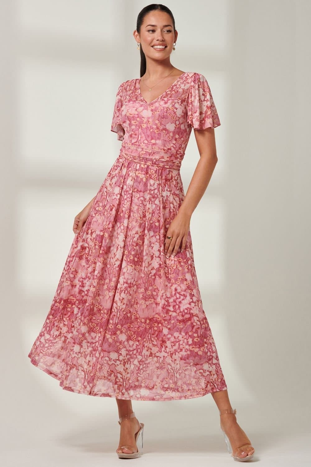 Jolie Moi Jolie Moi Women's Bianca V-Neck Pleated Mesh Maxi Dress in Red