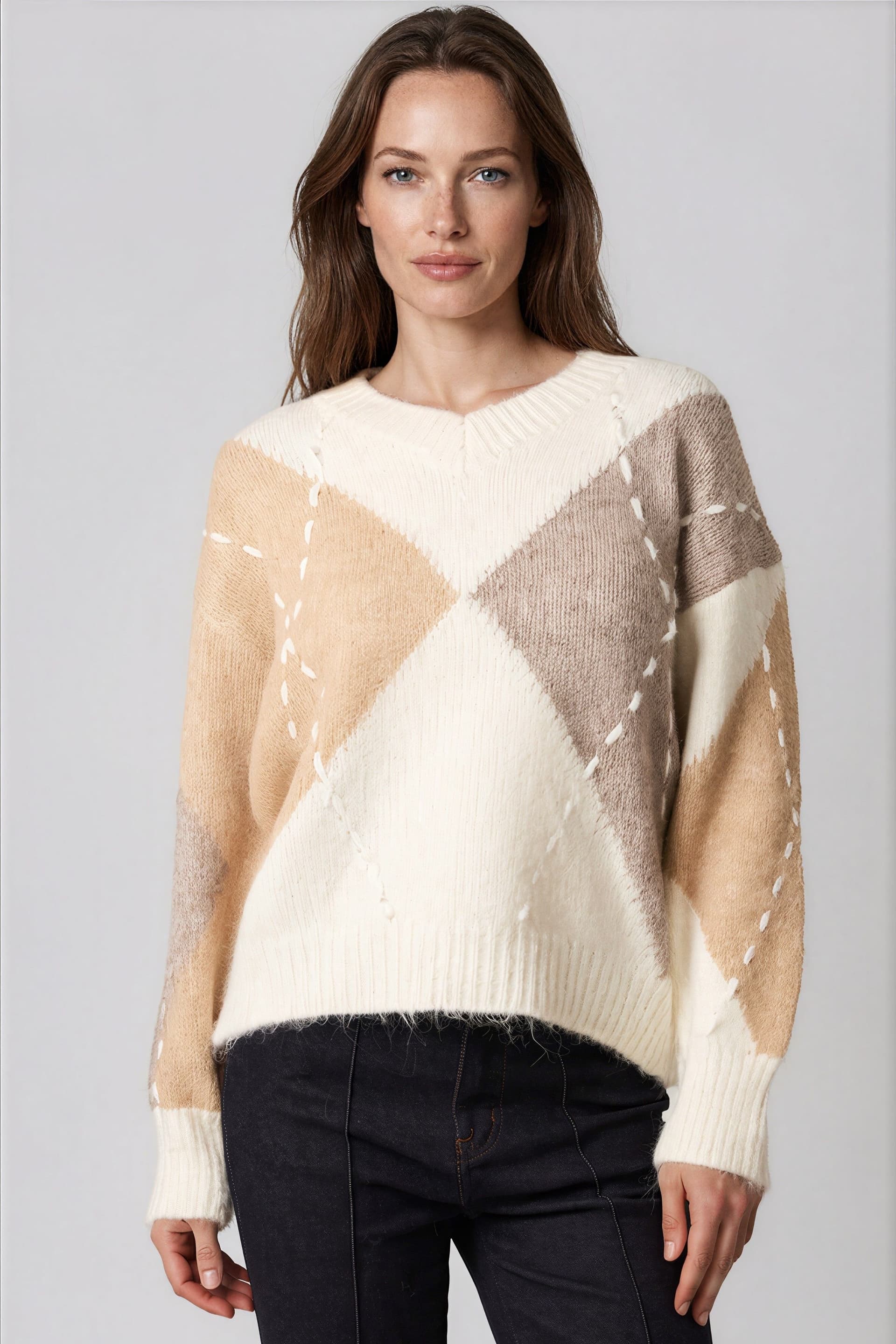 Aftershock London Aftershock London Women's Argyle Pattern V Neck Jumper in Beige