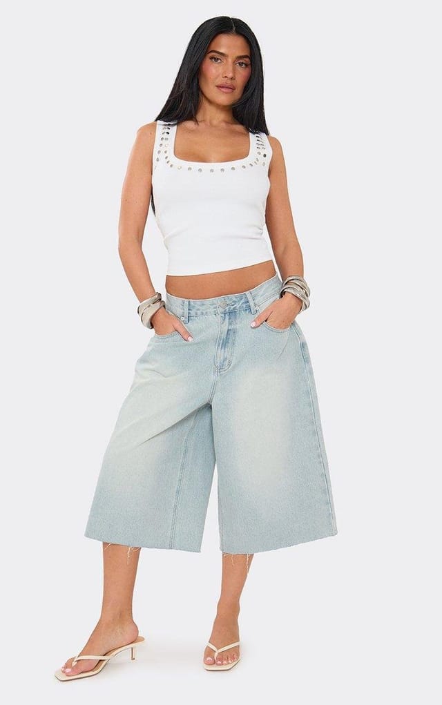 EGO Oversized Jorts In Light Blue Denim, Women's Size UK 6 - 2