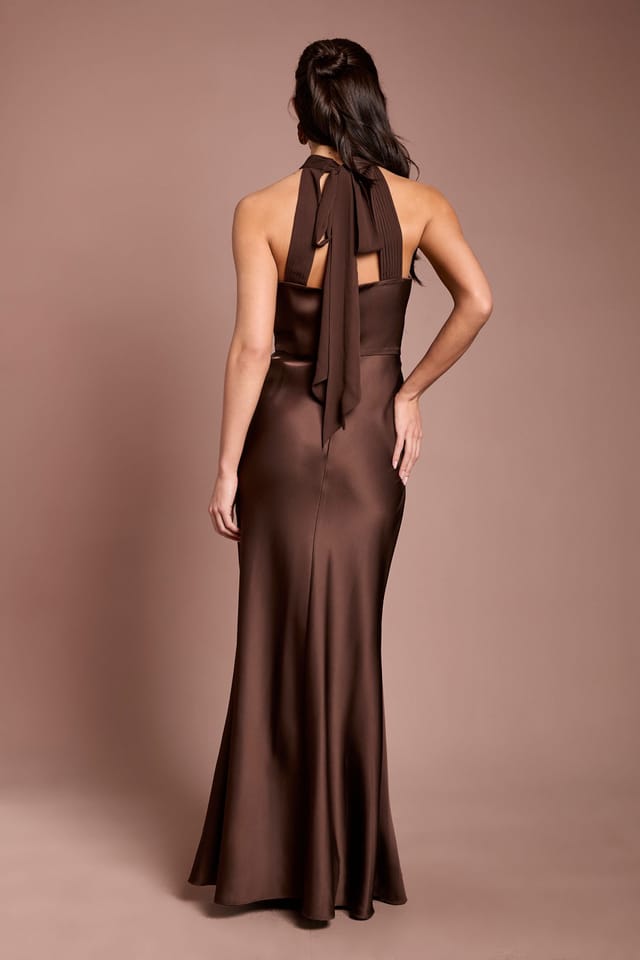 Coast Coast Women's Halter Neck Pleat Waist Bridesmaid Dress in Espresso - 3