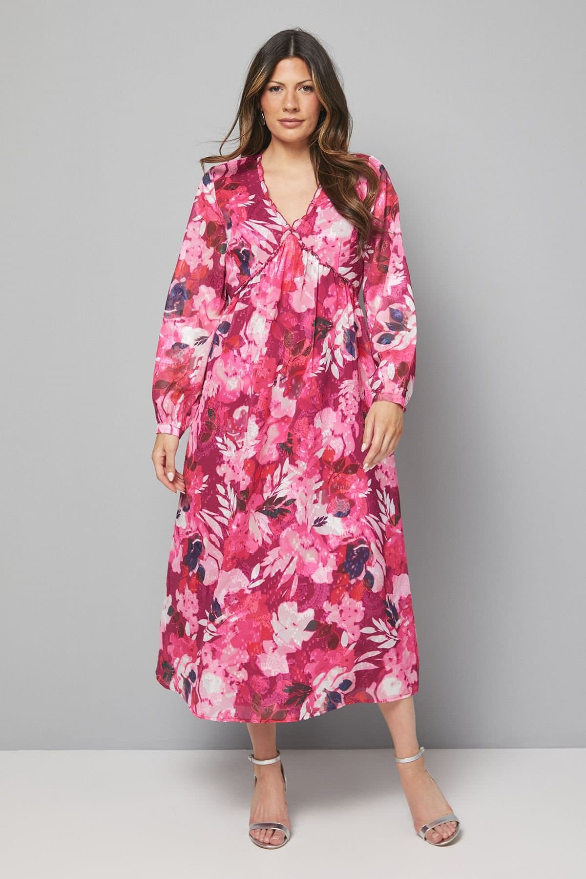 Wallis Wallis Women's Floral Jacquard Ruffle Midi Dress in Pink