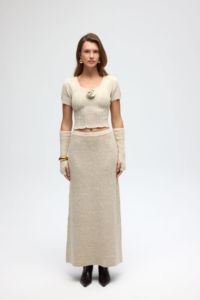 MAI STUDIOS CO. MAI STUDIOS CO. Women's MAI Ribbed Knit Two-Piece Set with High-Waist Skirt in Beige - 2