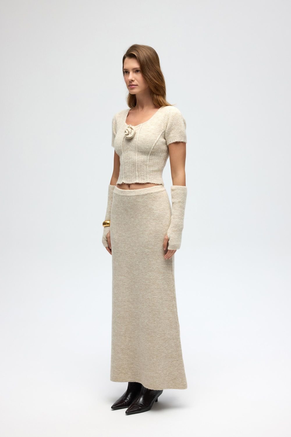 MAI STUDIOS CO. MAI STUDIOS CO. Women's MAI Ribbed Knit Two-Piece Set with High-Waist Skirt in Beige - 3