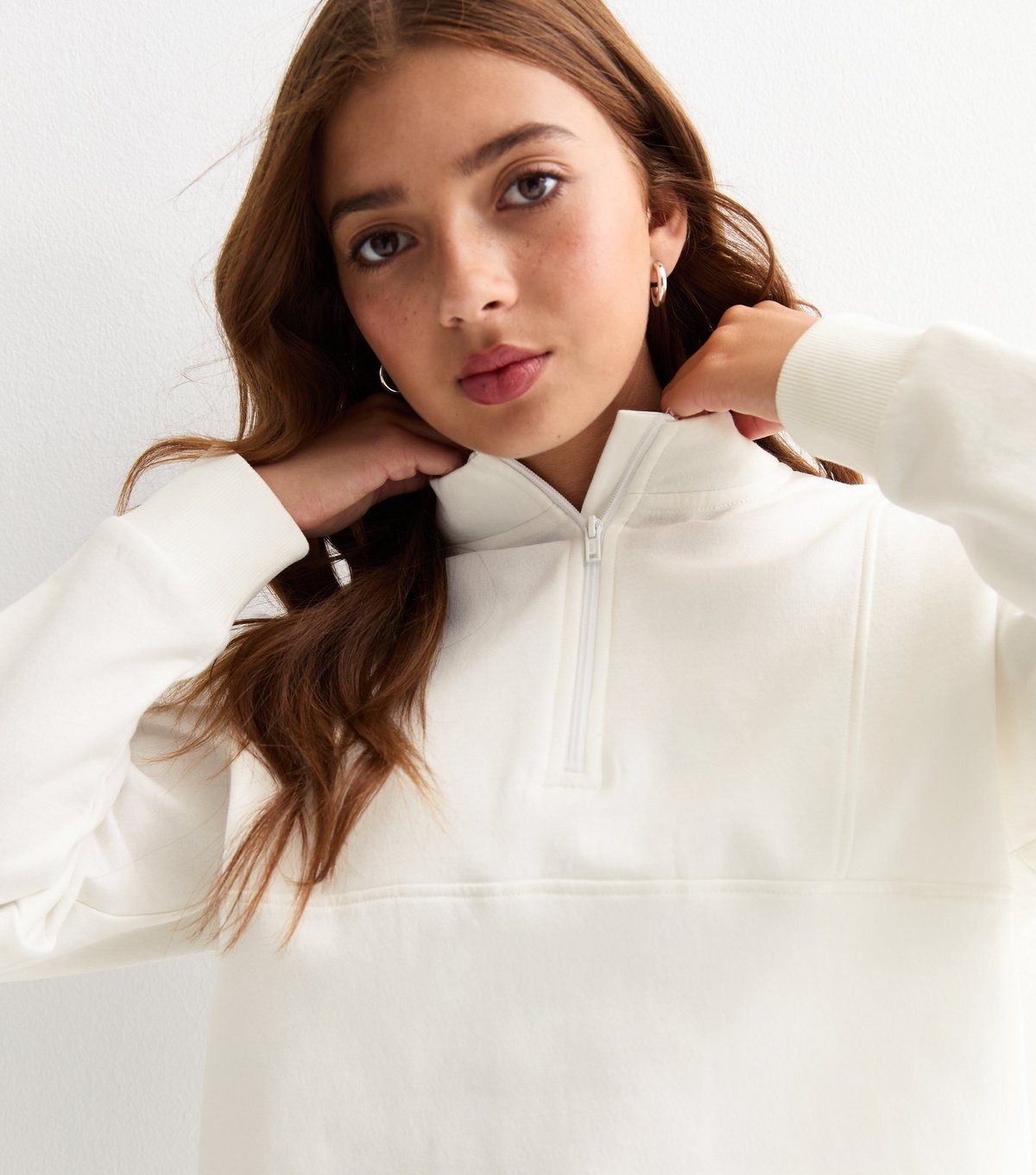 New Look Girls' Off White Cotton Blend Half Zip Sweatshirt New Look - 2