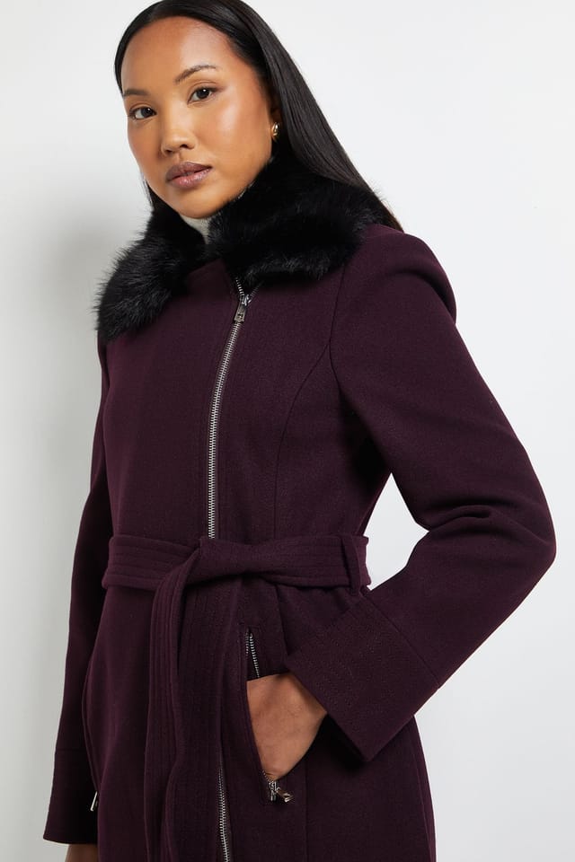 Wallis Wallis Women's Principles by Faux Fur Collar Coat in Berry - 2