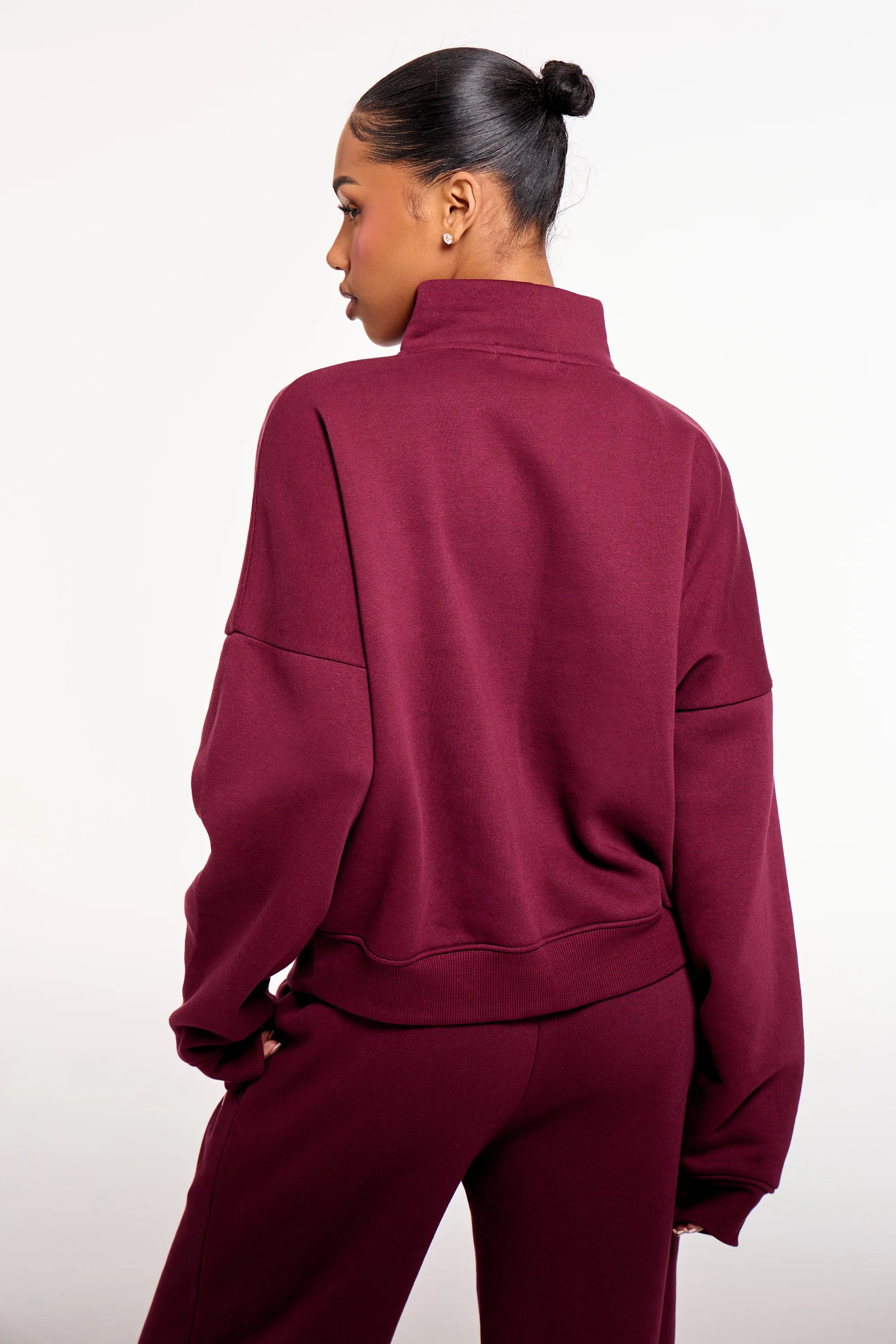 Kaiia Kaiia Chrome Logo Oversized Quarter Zip Sweatshirt Burgundy - 4