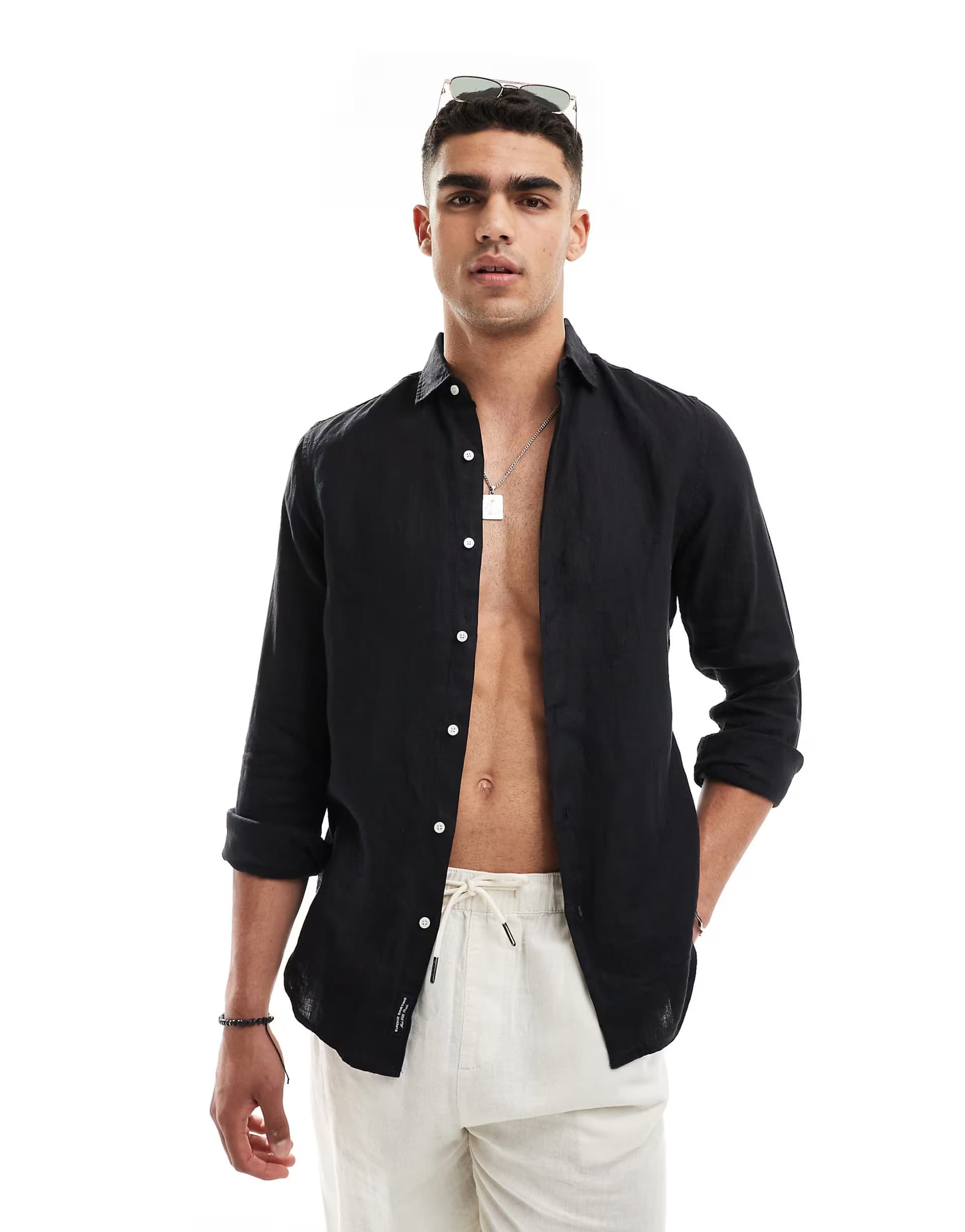 ASOS Superdry Casual linen long sleeve shirt in black