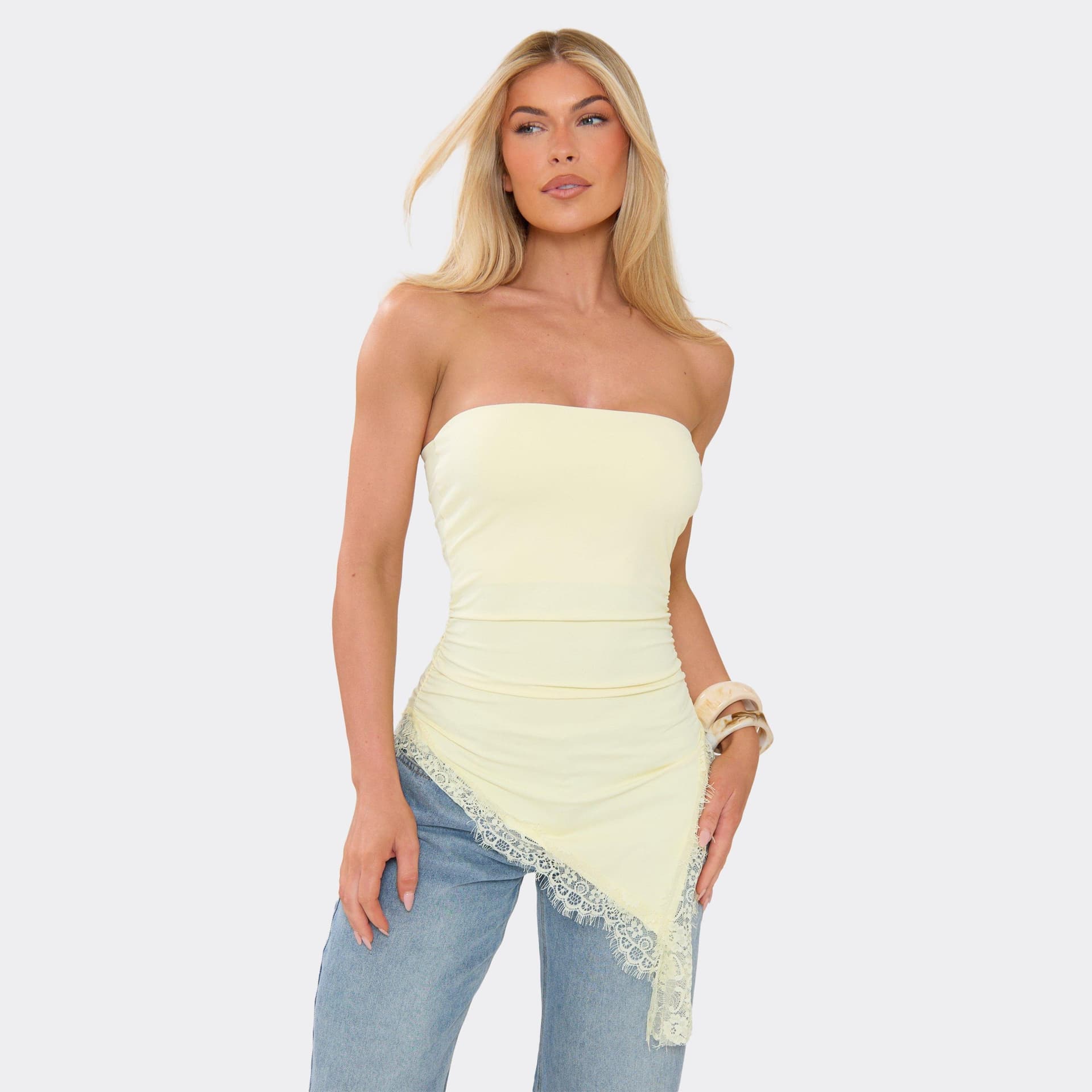 EGO Bandeau Asymmetric Lace Hem Top In Lemon, Women's Size UK L