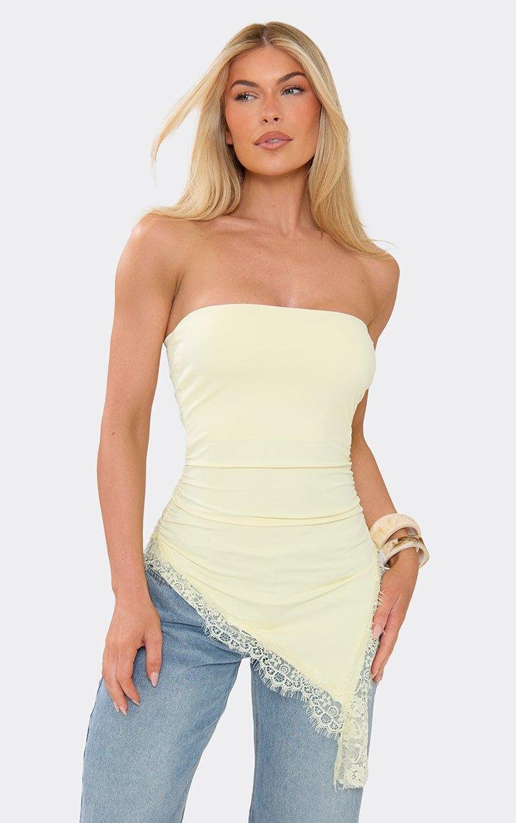 EGO Bandeau Asymmetric Lace Hem Top In Lemon, Women's Size UK L - 2