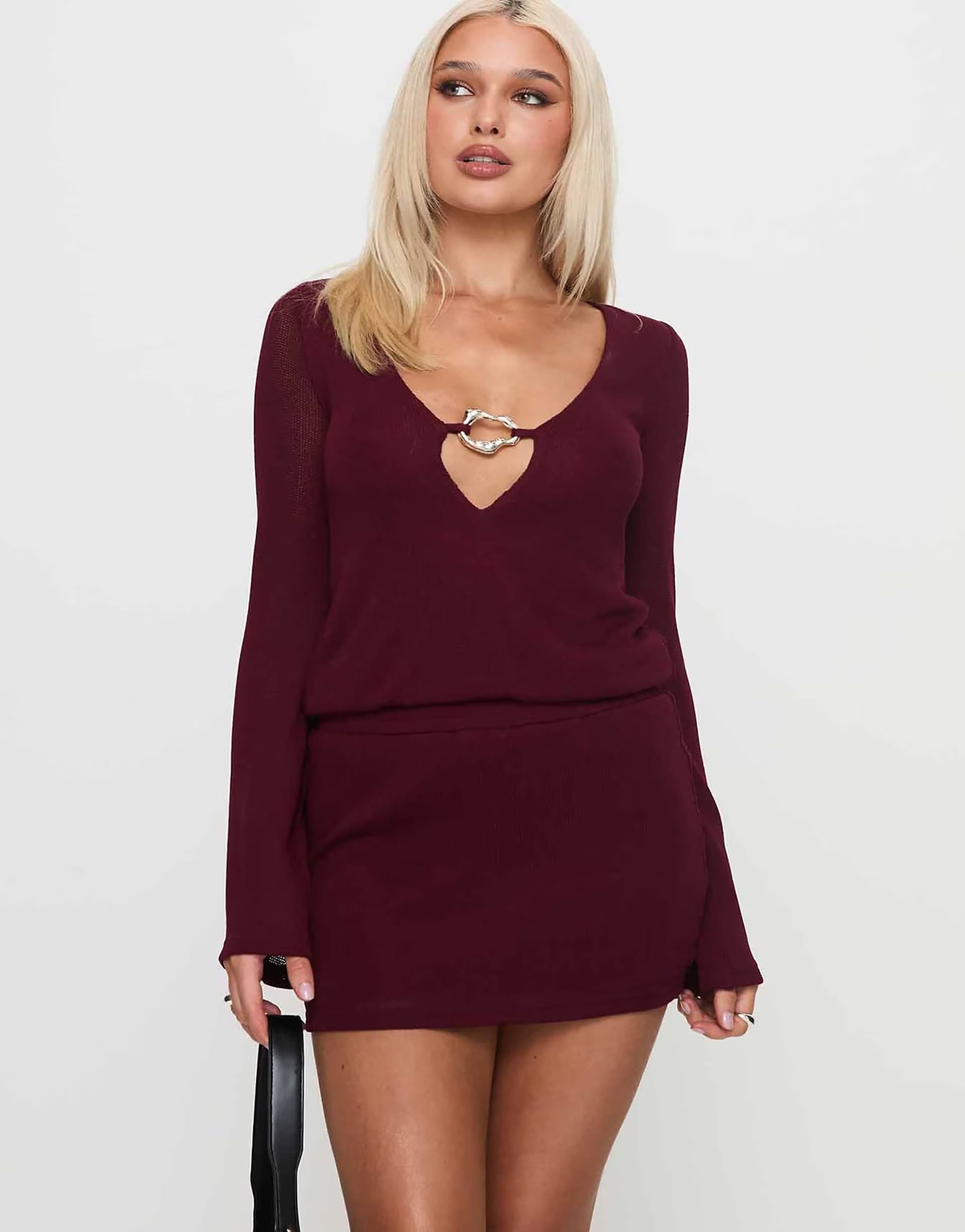ASOS Princess Polly Charming ribbed knit metal hardware plunge mini dress in burgundy
