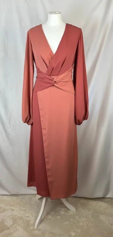 Pretty Lavish UK 8 Pretty Lavish Terracotta Rose Twist Front Long Sleeve Midi Wedding Guest Occasion Dress