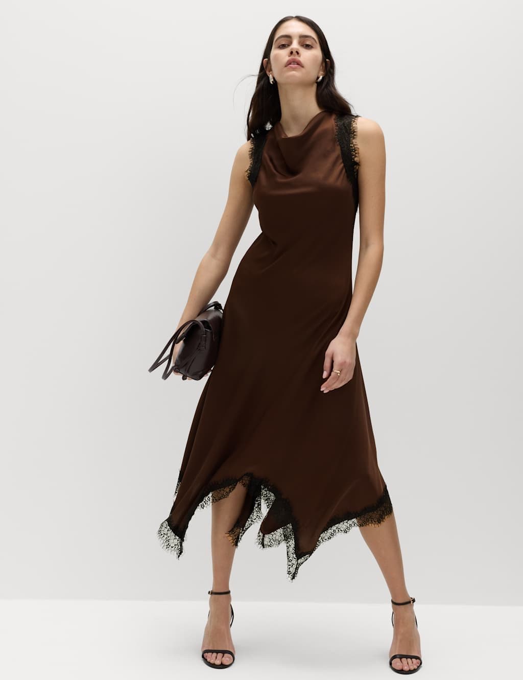 Marks & Spencer M&S Cowl Neck Lace Detail Midi Slip Dress Brown Mix