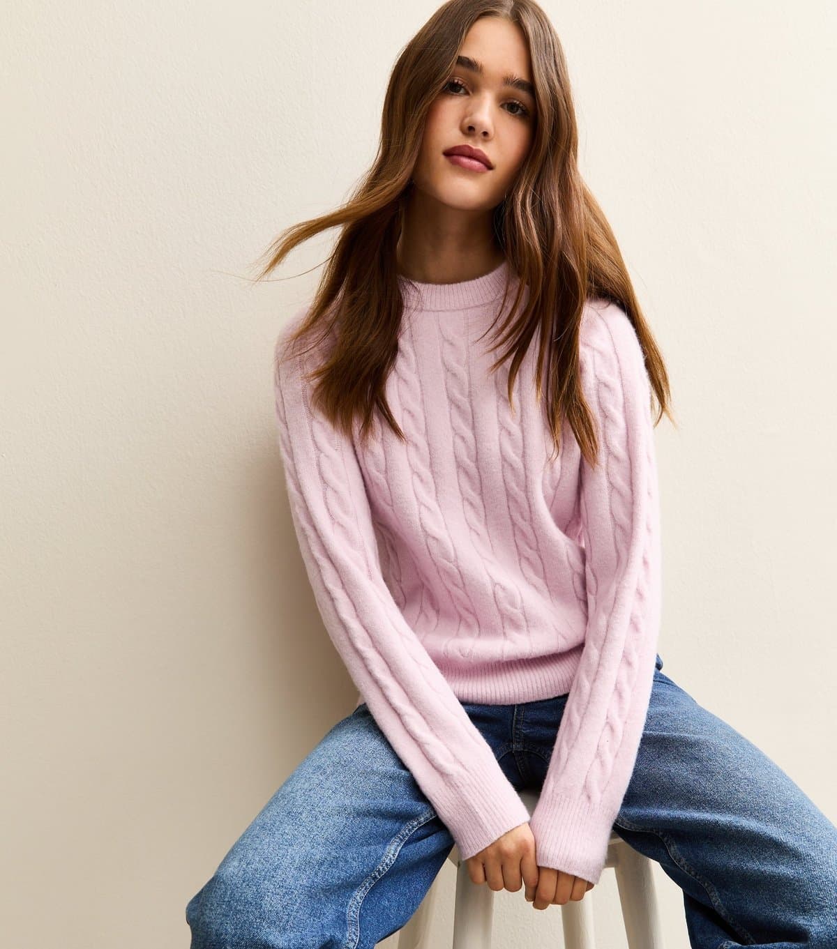 New Look Women's Light Pink Cable Knit Crew Neck Jumper New Look