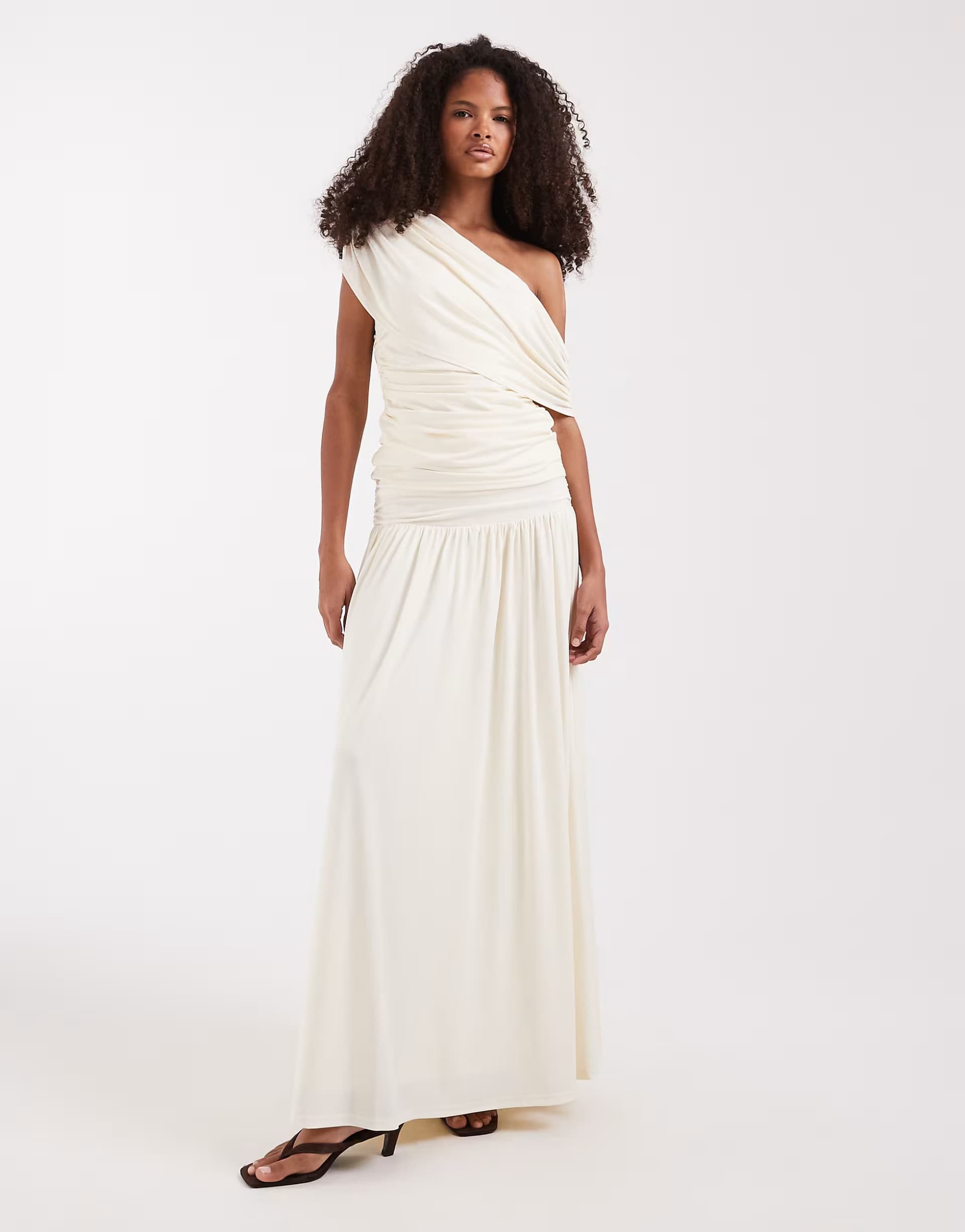 ASOS Pretty Lavish Lydia ruched one shoulder top and maxi skirt co-ord in cream